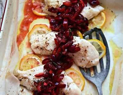 Spanish-Picota-Cherry-Salsa-with-Baked-White-Fish